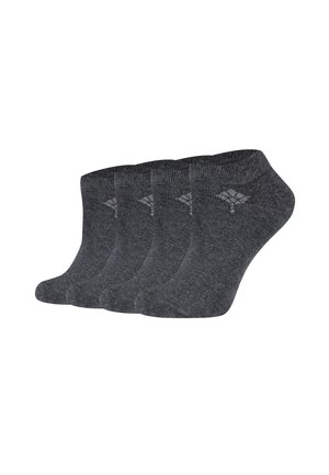 Vier Paare dunkelgraue Knöchelsocken mit glatter Textur, die ein dezentes Muster nahe dem Bündchen und ein abgerundetes Zehendesign aufweisen.