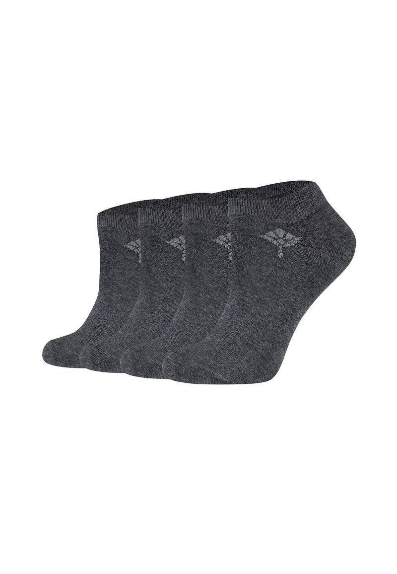 Vier Paare dunkelgraue Knöchelsocken mit glatter Textur, die ein dezentes Muster nahe dem Bündchen und ein abgerundetes Zehendesign aufweisen.