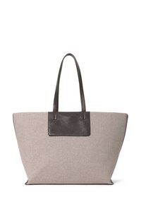 Grande borsa tote grigia con manici e dettagli in pelle nera. Design semplice e moderno, adatta all'uso quotidiano.