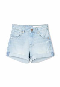 Ljusblå denimshorts med uppvikta fållar, framfickor, bälten och en kopparknapp som stängning.