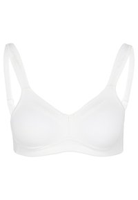 Weißer BH mit verstellbaren Trägern, nahtlosem Design und Haken- und Ösenverschluss. Glattes Material mit minimalen Nähten.