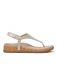 Gold metallic thong sandal with a cork midsole and rubber outsole. Features an adjustable heel strap for secure fit. Smooth texture.