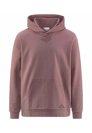 Felpa con cappuccio di un tenue colore malva, realizzata in un materiale morbido, dotata di una tasca frontale, polsini a coste e testo stampato vicino al collo. Logo Kappa sull'orlo.
