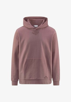 Sweatshirt à capuche mauve clair en matériau doux avec une poche frontale, des poignets côtelés et un texte imprimé près de l'encolure. Logo Kappa en bas.