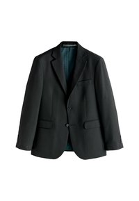 Zwarte blazer met een enkelrijig ontwerp, revers met inkeping, twee steekzakken aan de voorkant en knoopsluiting. Gevoerd met een contrasterende blauwe stof.
