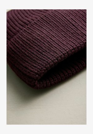 Sinine või tume burgundi värvi kootud müts, millel on sooniktekstuur. Kude tundub pehme ja soe, koos volditud äärega.