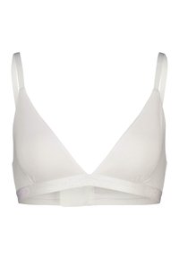 Brassière triangle blanche en tissu doux, dotée de fines bretelles réglables et d'une large bande élastique avec un léger éclat.