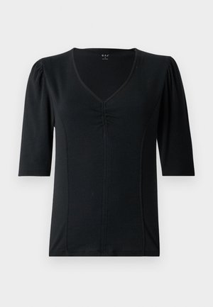 Top nero a maniche corte con scollatura a V, caratterizzato da dettagli arricciati al centro davanti e da un tessuto liscio e elasticizzato.