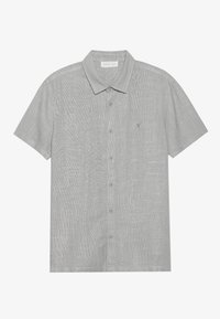 Camisa de manga corta de botón en gris claro con un patrón texturizado, que presenta un collar clásico y un pequeño logo bordado en el pecho.