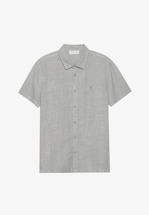 Kurzärmliges Hemd mit Knopfleiste in hellgrau mit strukturiertem Muster, klassischem Kragen und kleinem gesticktem Logo auf der Brust.