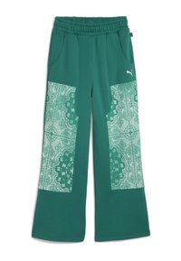 Teal vidbenade sweatpants med elastisk midja, prydda med kontrasterande paisleymönstrade fickor på varje sida samt sidfickor.