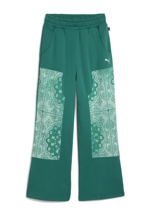 Teal brede svedpants med elastisk talje, med kontrasterende paisley-mønstrede lommer på hver side og sidelommer.