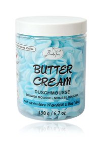 Clear plastic jar of shower mousse with a blue whipped texture, labeled "Butter Cream," featuring black and white text. Holds 190 g.