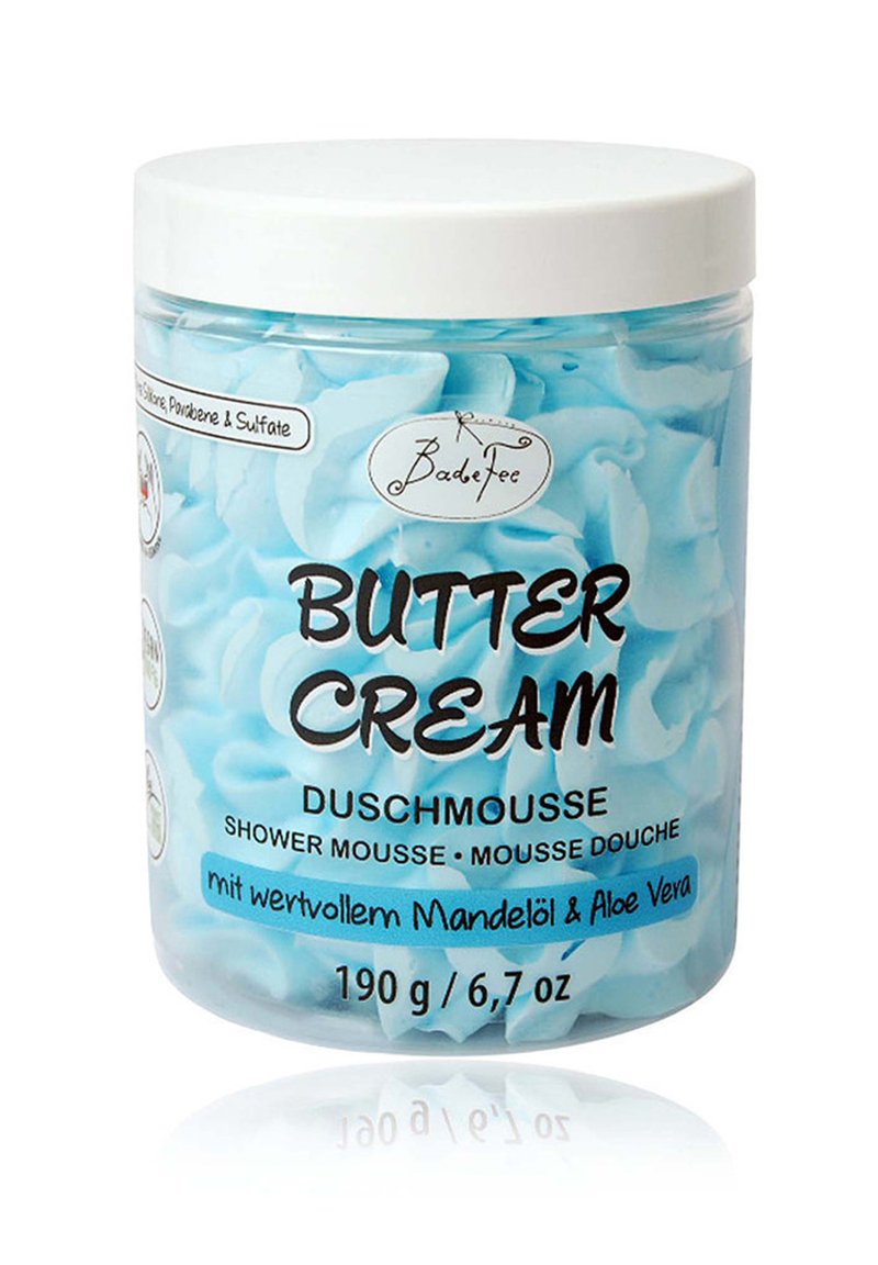 Clear plastic jar of shower mousse with a blue whipped texture, labeled "Butter Cream," featuring black and white text. Holds 190 g.