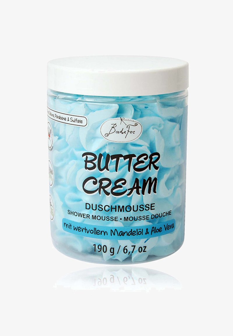 Clear plastic jar of shower mousse with a blue whipped texture, labeled "Butter Cream," featuring black and white text. Holds 190 g.