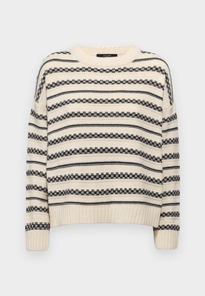 Maglione lavorato a maglia con una base color crema e strisce orizzontali blu scuro, dotato di collo a girocollo e polsini a costine, con una vestibilità morbida.