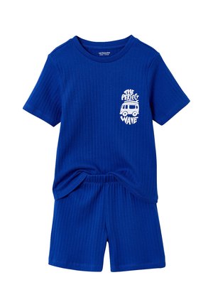 Blue ribbed short-sleeve shirt and shorts set with white "The Perfect Wave" text and van graphic on the chest of the shirt.