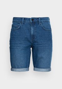 Shorts en denim bleu foncé. Comprend un ourlet roulé, des poches avant et une fermeture à bouton. Le tissu a une finition lisse et texturée.