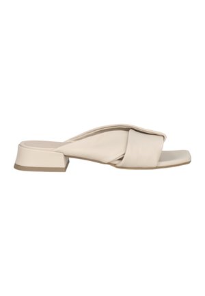 Beige Leder-Slide-Sandalette mit geknotetem Design und quadrater Zehenpartie. Besitzt einen niedrigen Blockabsatz und eine glatte Textur.