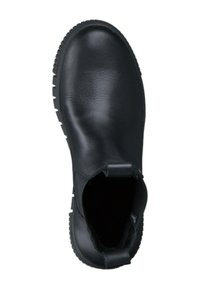Bottine en cuir noir avec des côtés élastiques, texture lisse, bout rond et semelle en caoutchouc robuste. Design simple, sans quincaillerie visible ni motifs.