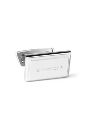 Silver metal cufflinks with a rectangular shape, featuring embossed "DAVIDOFF" logo on the front and sleek design. Polished finish.