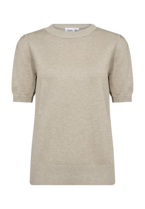 Beige Strickpullover mit kurzen Ärmeln und Rundhalsausschnitt, feiner Textur, gerippten Bündchen und geradem Saum. Aus weichem Material gefertigt.