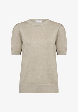 Beige adīts īsām piedurknēm jaciņa ar apaļu kakla izgriezumu, diskrētu tekstūru, ribotām piedurknēm un taisnu apakšmalu. Izgatavota no mīkstas auduma.