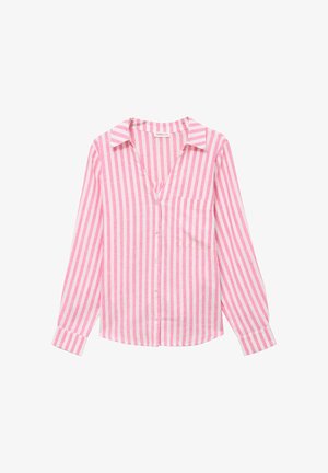 Camisa de manga larga con botones, rayas verticales en rosa y blanco, con cuello y bolsillo en el pecho, presentada sobre un fondo blanco.