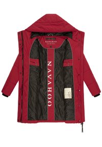 Red puffer jacket with a zip and snap closure, featuring a black interior, side pockets, and a logo. Texture is smooth with padded sections.