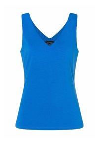 Blauw mouwloos top met een V-hals ontwerp. Gemaakt van een gladde stof, het heeft een eenvoudige snit en subtiele stiksels aan de zoom.