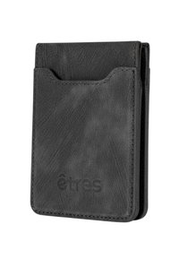 Black leather cardholder with a textured surface, a front pocket, and embossed branding. Compact rectangular shape for easy handling.
