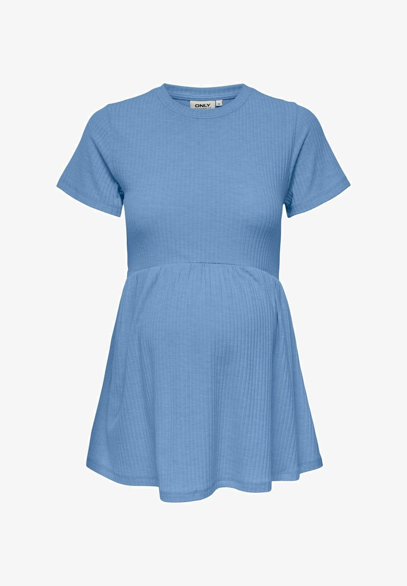 Haut de maternité bleu clair côtelé à manches courtes, avec un col rond et une taille empire froncée pour une coupe ample.