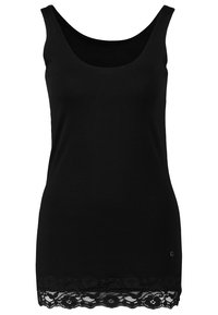 Zwart tanktop van zachte stof met een ronde hals en een kanten rand aan de onderkant, wat textuur en een decoratief detail toevoegt.