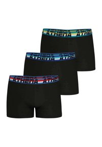 Trois paires de boxers noirs avec des ceintures élastiques contrastées arborant le nom de la marque "ATHENA" dans des rayures bleues, vertes et rouges.