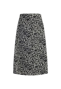 Leopardmønstret nederdel i beige med sorte pletter, A-linje design, mellemlang, lavet af blødt materiale med en glat tekstur.