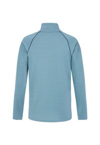 Pullover azzurro chiaro a maniche lunghe con colletto alto, cuciture piatte e una texture liscia, adatto per essere indossato a strati o per attività all'aperto.