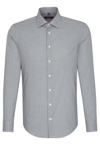 Herre langærmet skjorte med knapper foran i et lille sort-hvid ternet mønster og en spids krave.