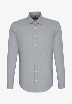 Herren-Hemds mit Knöpfen, langärmelig, in einem kleinen schwarz-weißen Karomuster und einem spitzen Kragen.