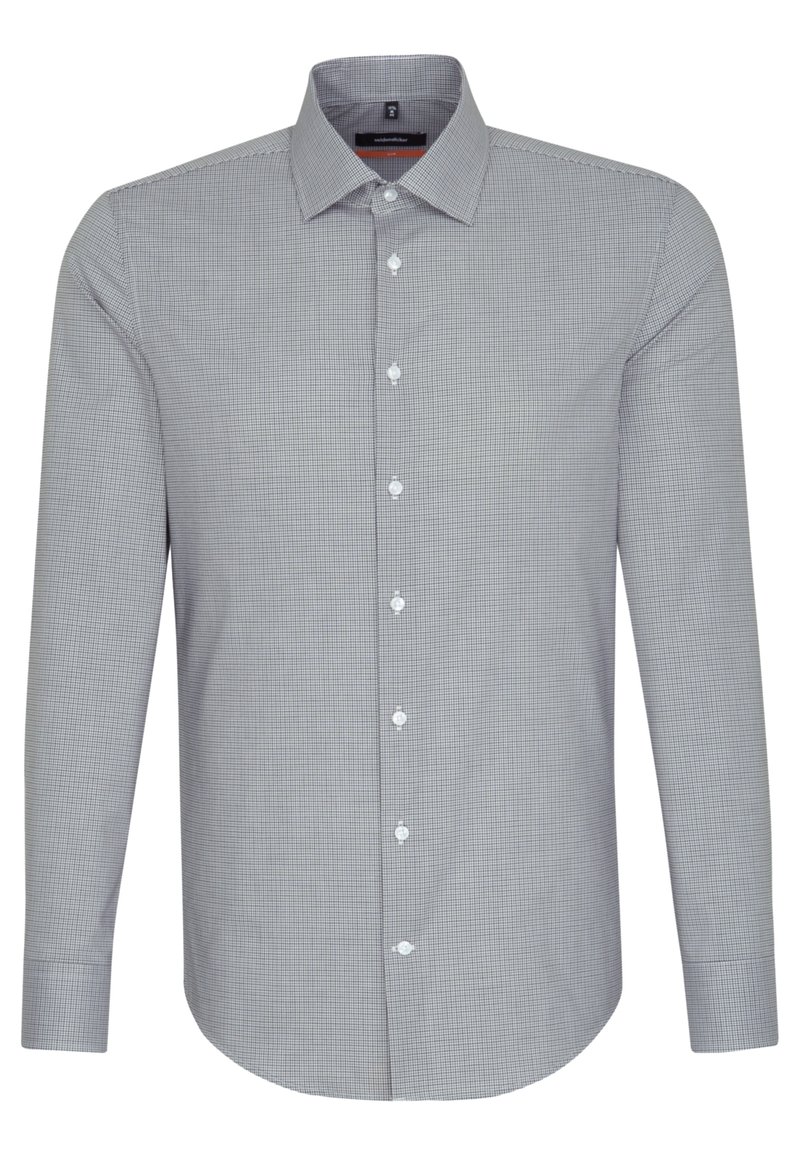 Herre langærmet skjorte med knapper foran i et lille sort-hvid ternet mønster og en spids krave.