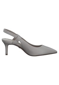 Gray slingback pump with a pointed toe, slender heel, smooth leather texture, and a subtle ankle strap for secure fit.