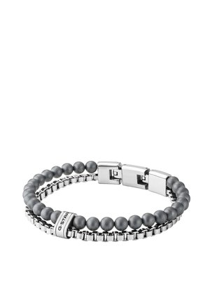 Bracelet homme double couche avec un rang de perles grises et un rang de chaîne argentée, fermoir argenté et perle avec le logo G-STAR.