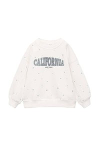 Felpa bianca con motivo a cuore azzurro, dotata di colletto rotondo, maniche lunghe e testo in grassetto "CALIFORNIA BEST VIBES".