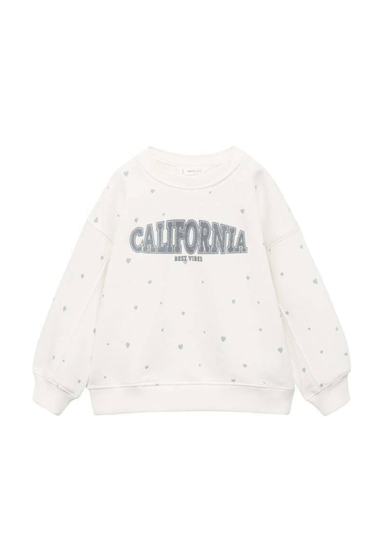 Felpa bianca con motivo a cuore azzurro, dotata di colletto rotondo, maniche lunghe e testo in grassetto "CALIFORNIA BEST VIBES".