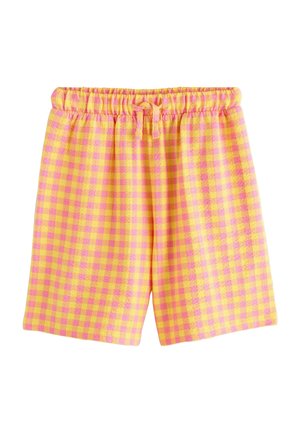 Sárga és rózsaszín kockás rövidnadrág, elasztikus derékrésszel és húzózsinórral, térdig érő, puha textúrájú anyagból.