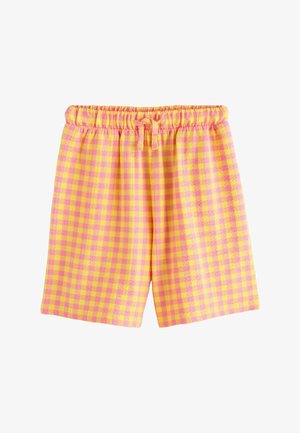 Gule og lyserøde ternede shorts med elastisk talje og snøre, knælange, blødt tekstureret stof.