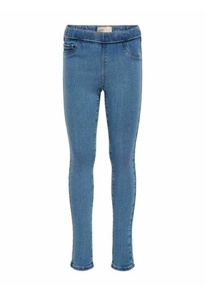 Dziecięce niebieskie jegginsy z denimu ze stretchowym paskiem w talii, dwoma przednimi kieszeniami i dopasowanym krojem, charakteryzujące się gładką fakturą i klasycznym wykończeniem.