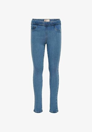 Jeggings azules de mezclilla para niños con cintura elástica, dos bolsillos delanteros y un diseño de ajuste ceñido, con una textura suave y lavado clásico.