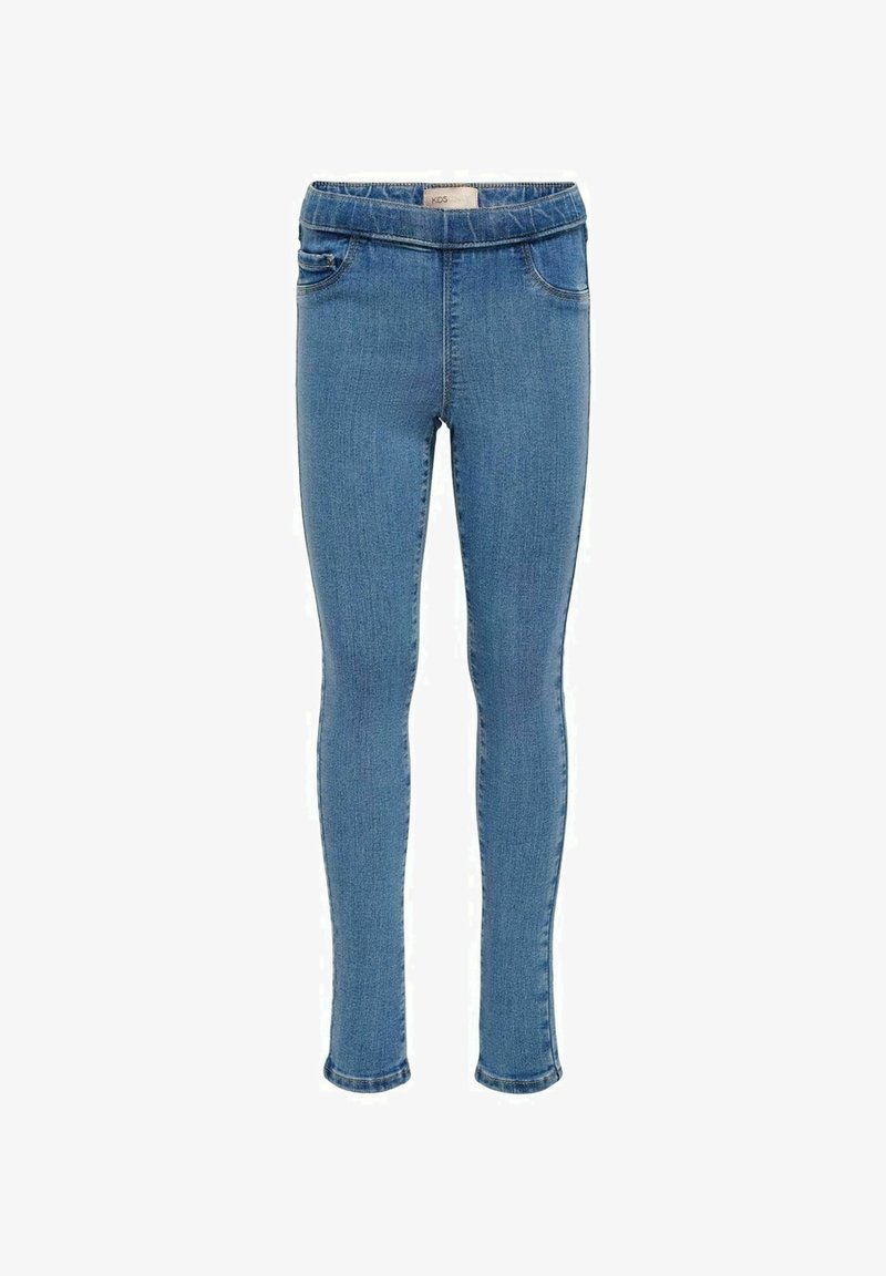 Jeggings azules de mezclilla para niños con cintura elástica, dos bolsillos delanteros y un diseño de ajuste ceñido, con una textura suave y lavado clásico.