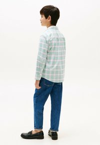 Camicia a quadretti bianca e verde, maniche lunghe, con polsini abbottonati, indossata con jeans blu e mocassini neri, vista da dietro.