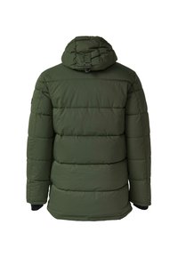 Padded jacket w oliwkowym kolorze, z kapturem, pikowanym wzorem i elastycznymi mankietami. Widok z tyłu ukazuje gładką teksturę i brak widocznych elementów hardware.